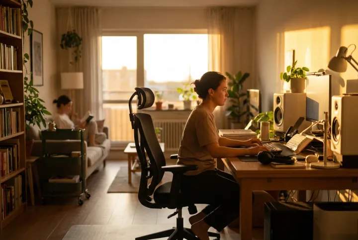 Simple home desk setup with ergonomic chair, laptop on stand, external keyboard, and footrest