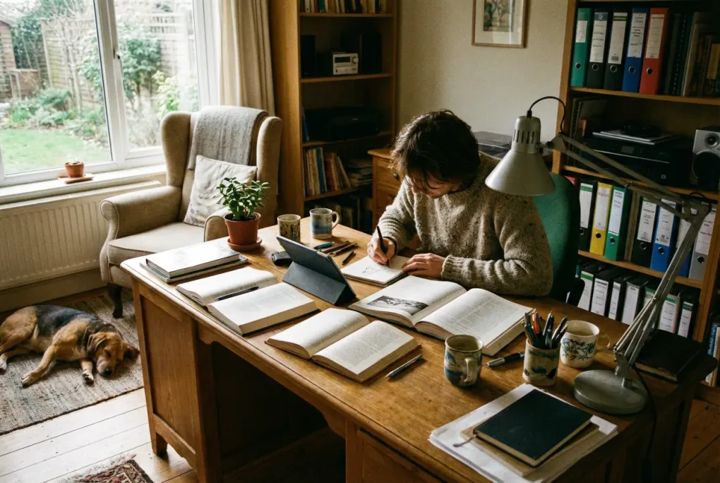 Person adjusting their home office chair and monitor height at a simple desk setup