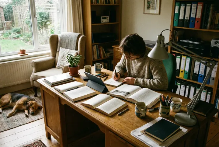 Person adjusting their home office chair and monitor height at a simple desk setup
