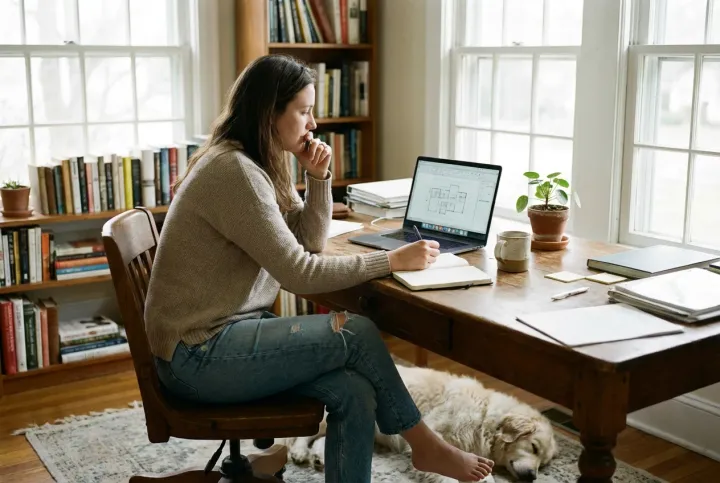 Well-lit home office desk with task lighting and natural light
