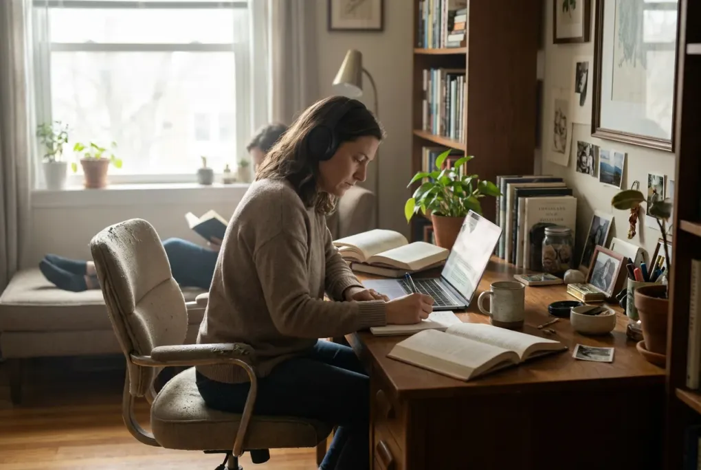 Remote worker at a tidy home desk checking items off a printed daily checklist