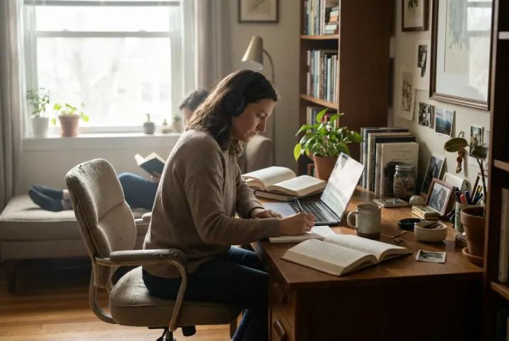Remote worker at a tidy home desk checking items off a printed daily checklist