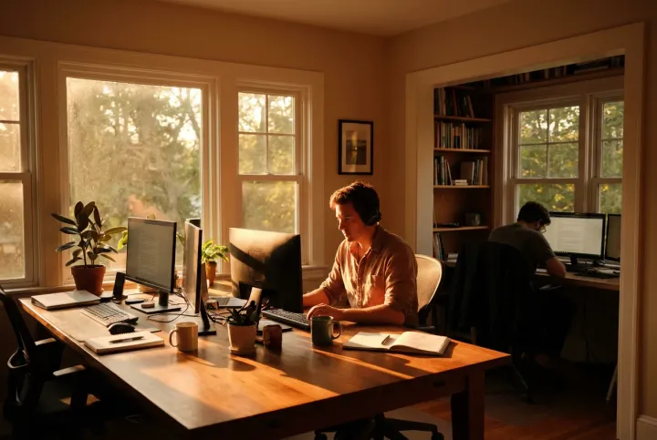 Calm home office desk setup with ergonomic chair, monitor on arm, keyboard, and task light