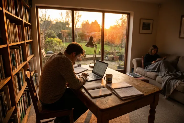 Person adjusting a sit stand desk to ergonomic height in a home office