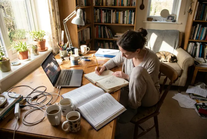 Compact home office setup in a small apartment living room corner with a simple desk and chair