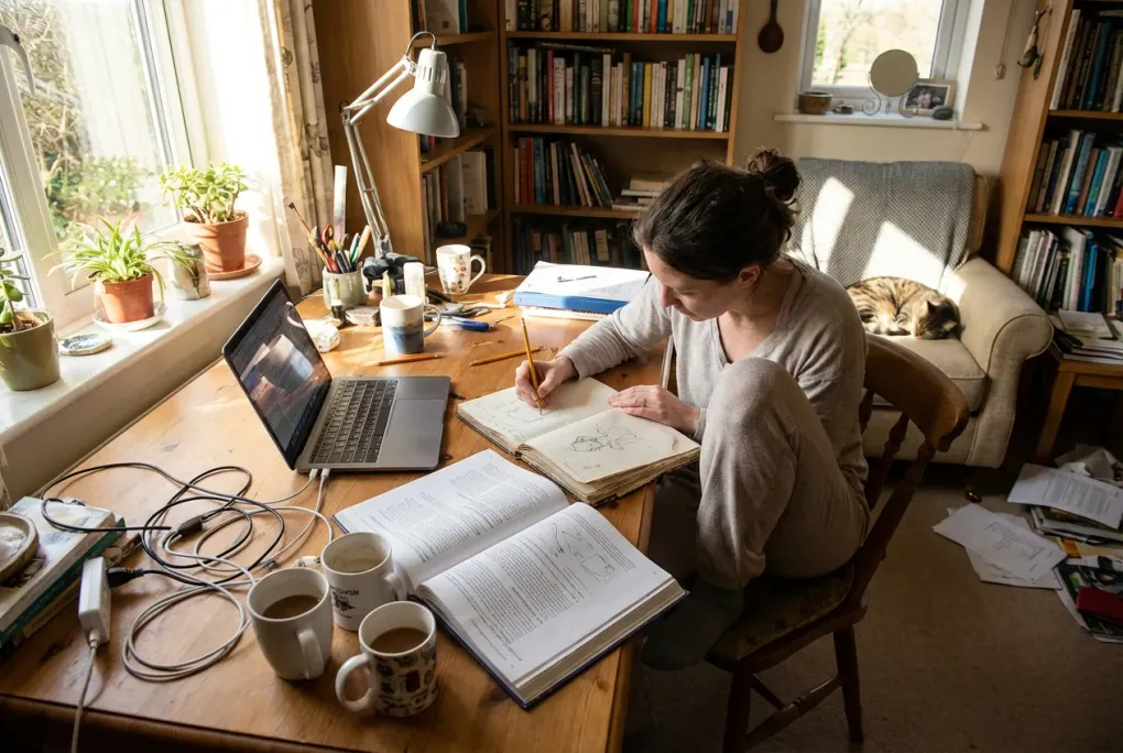 Compact home office setup in a small apartment living room corner with a simple desk and chair